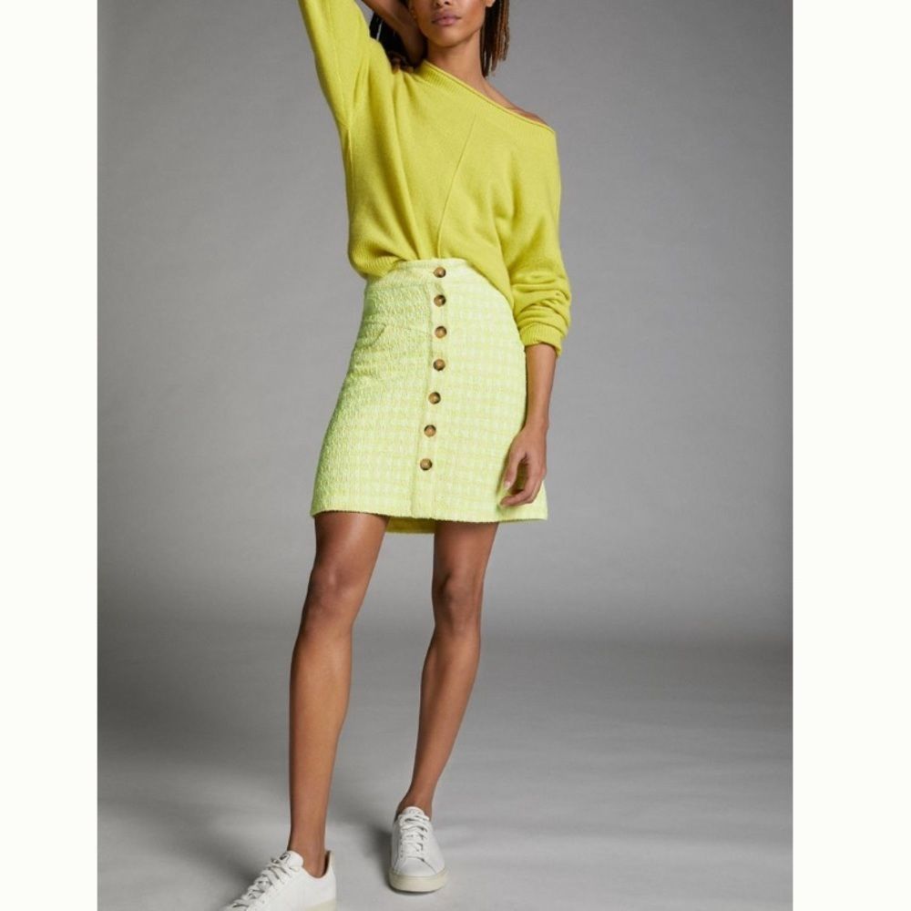 NWT Maeve Anthropologie Stretch Tweed Knit Yellow Button High Waisted Mini Skirt